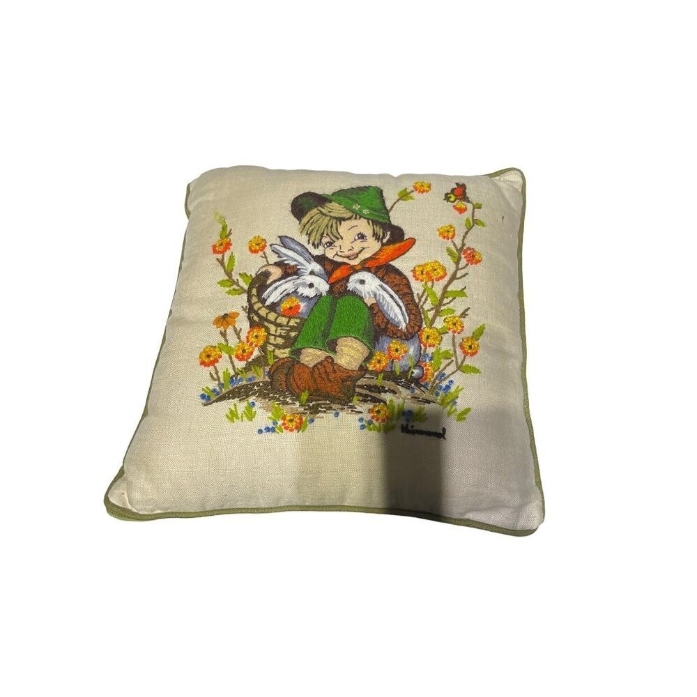 Vintage Hummel Needlepoint Pillow With Boy & Rabbits Design